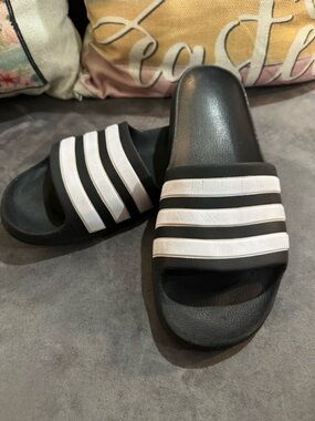 adidas Adilette Aqua Black Slide Sandals with White Stripe Accents
